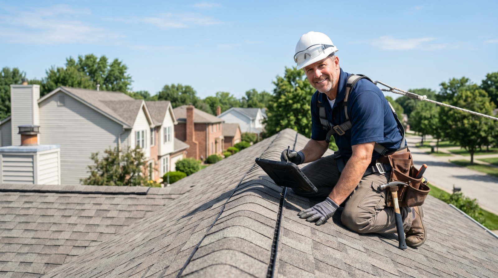 A roofing contractor inspecting a roof